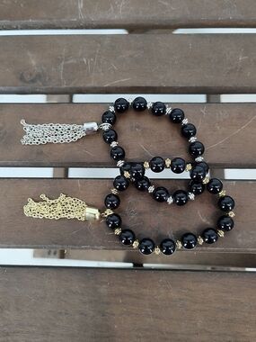 Black Beaded Tassel Bracelet Set Of 2 - Gold & Silver Accents